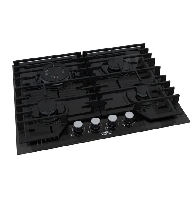 Defy DHG614 65cm Black Glass Gas Hob: Precise Flame, Wok Burner, Cast Iron Grids