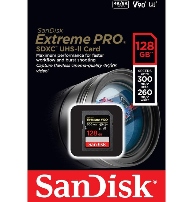 SanDisk Extreme Pro 128GB UHS-II V90 SDXC Memory Card (300MB/s)