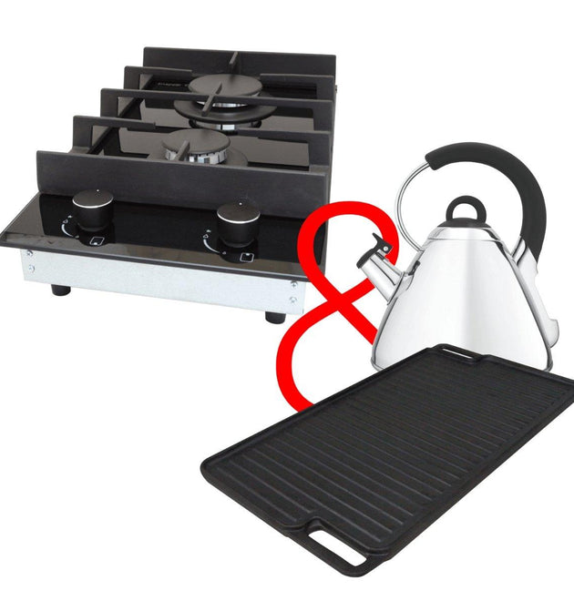 Snappy Chef Portable 2-Burner Gas Stove, Whistling Kettle & Braai Grid Combo