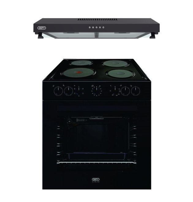 Defy DCB822E 78L Oven, 4-Plate Hob & DCH60B Cookerhood Combo Set
